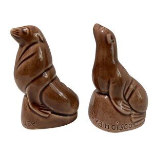 Vintage San Francisco Cliff House Seal Figurines Set Brown Ceramic Salt Pepper